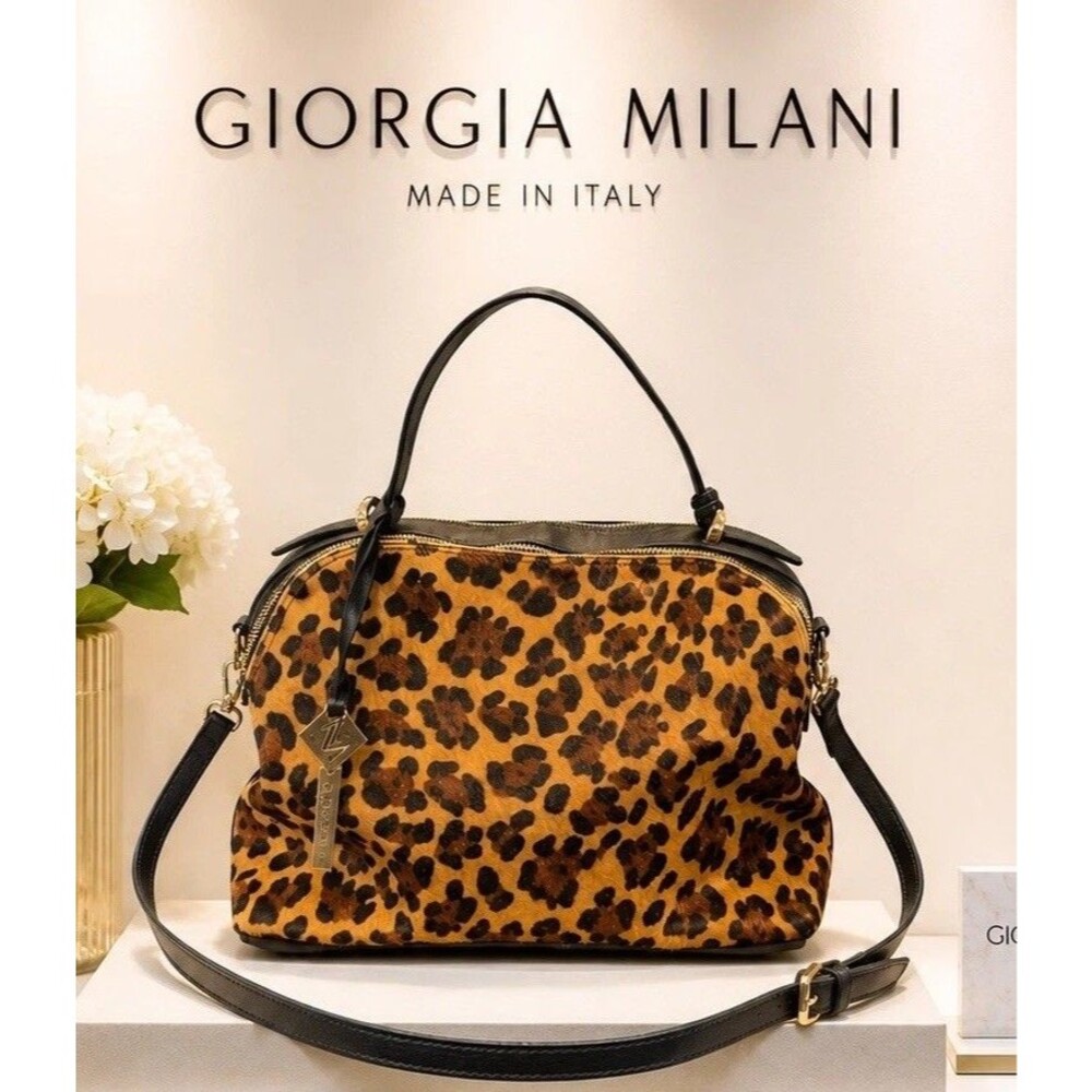 Giorgia Milani Made In Italy Luxury Top Zip Satchel Genuine Leather Pony Hair